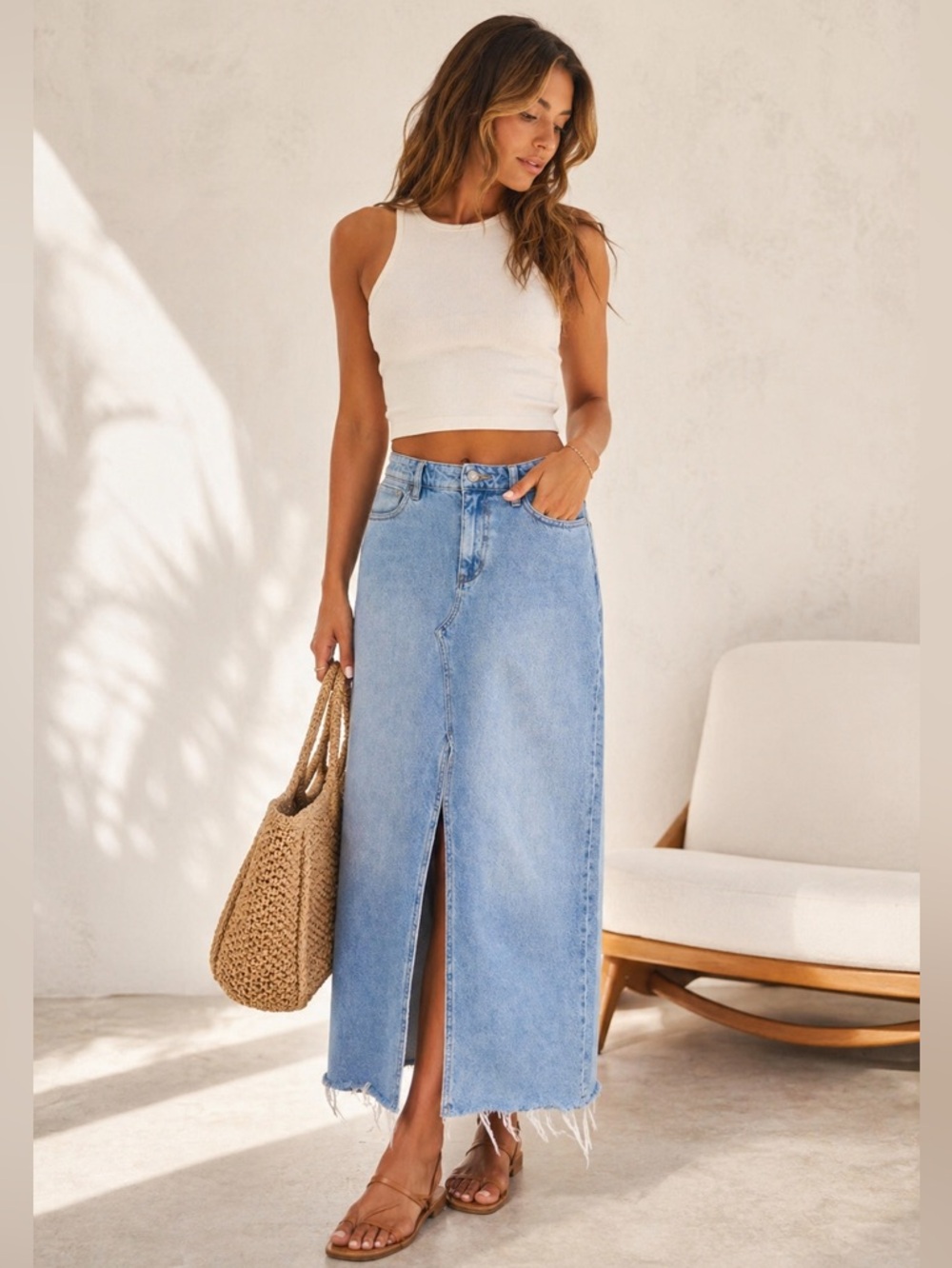 Wrangler Light Blue Denim Maxi Skirt with Front Slit